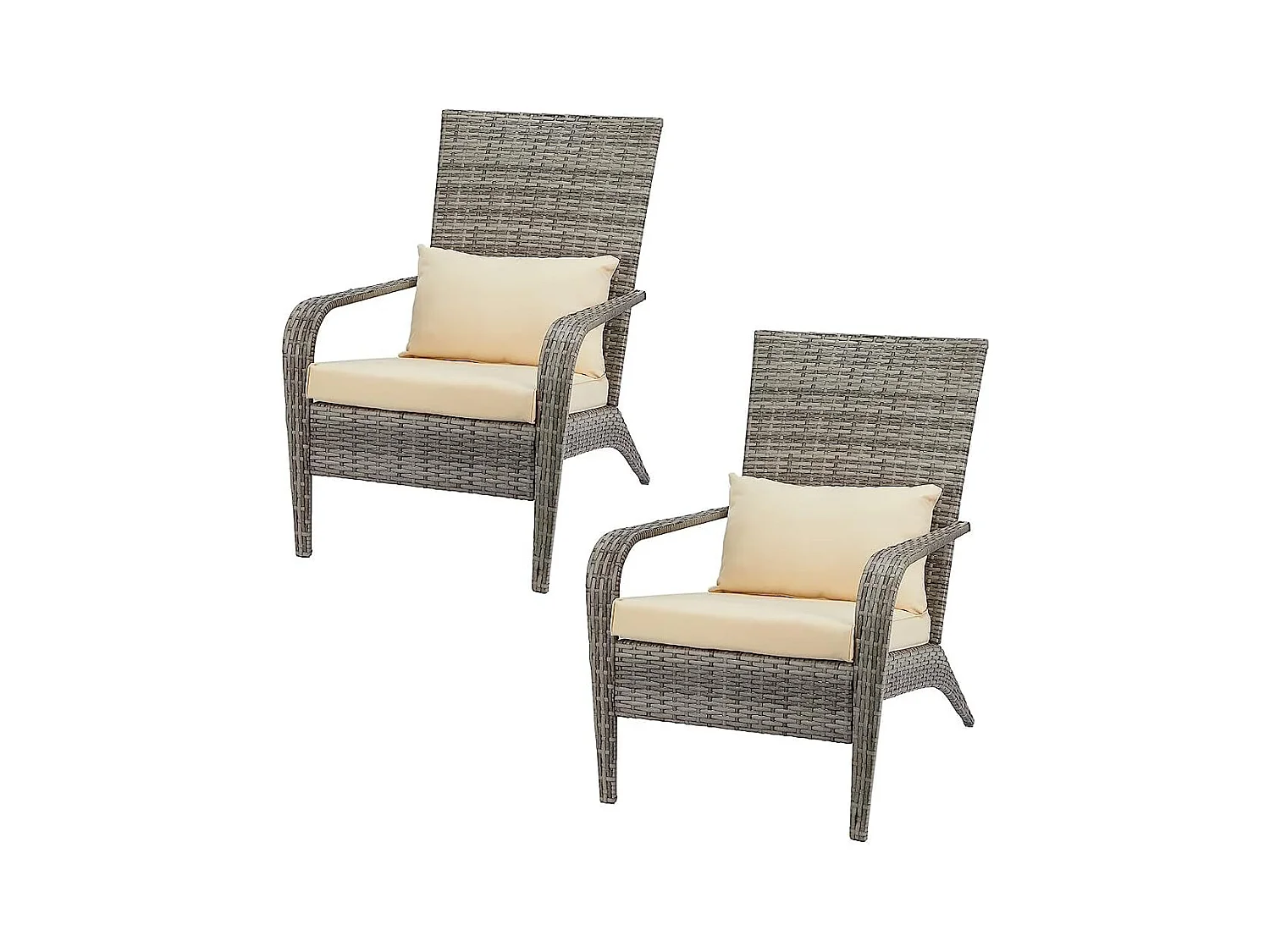 Lot de 2 Fauteuils d'Extérieur en Résine Tressée - Chaises de Jardin Style Adirondack avec Coussinets - Gris