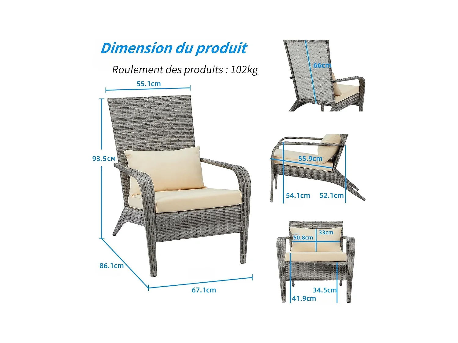 Lot de 2 Fauteuils d'Extérieur en Résine Tressée - Chaises de Jardin Style Adirondack avec Coussinets - Gris
