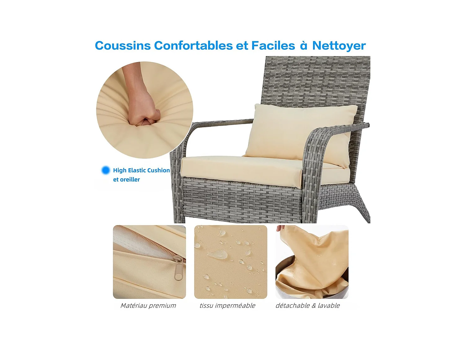 Lot de 2 Fauteuils d'Extérieur en Résine Tressée - Chaises de Jardin Style Adirondack avec Coussinets - Gris