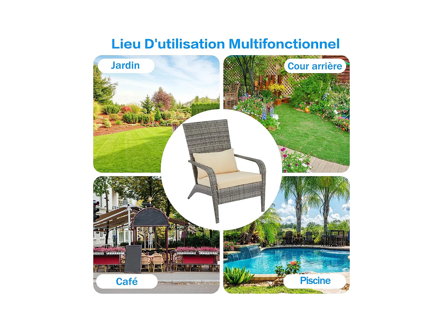 Lot de 2 Fauteuils d'Extérieur en Résine Tressée - Chaises de Jardin Style Adirondack avec Coussinets - Gris