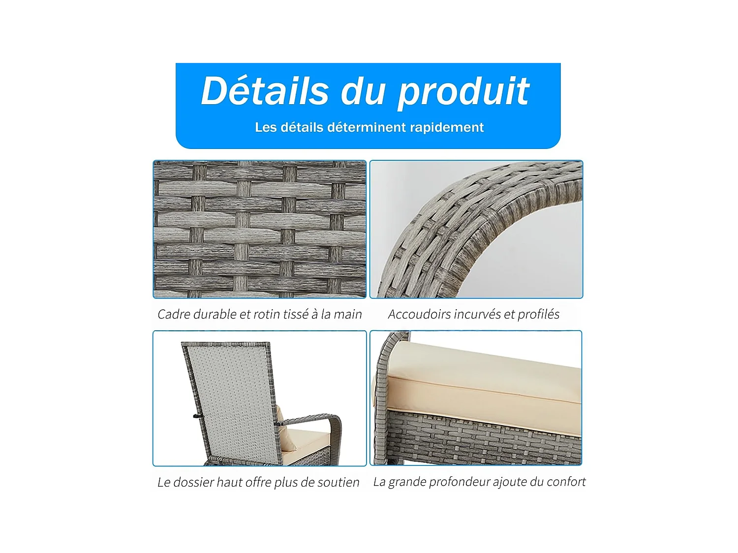 Lot de 2 Fauteuils d'Extérieur en Résine Tressée - Chaises de Jardin Style Adirondack avec Coussinets - Gris