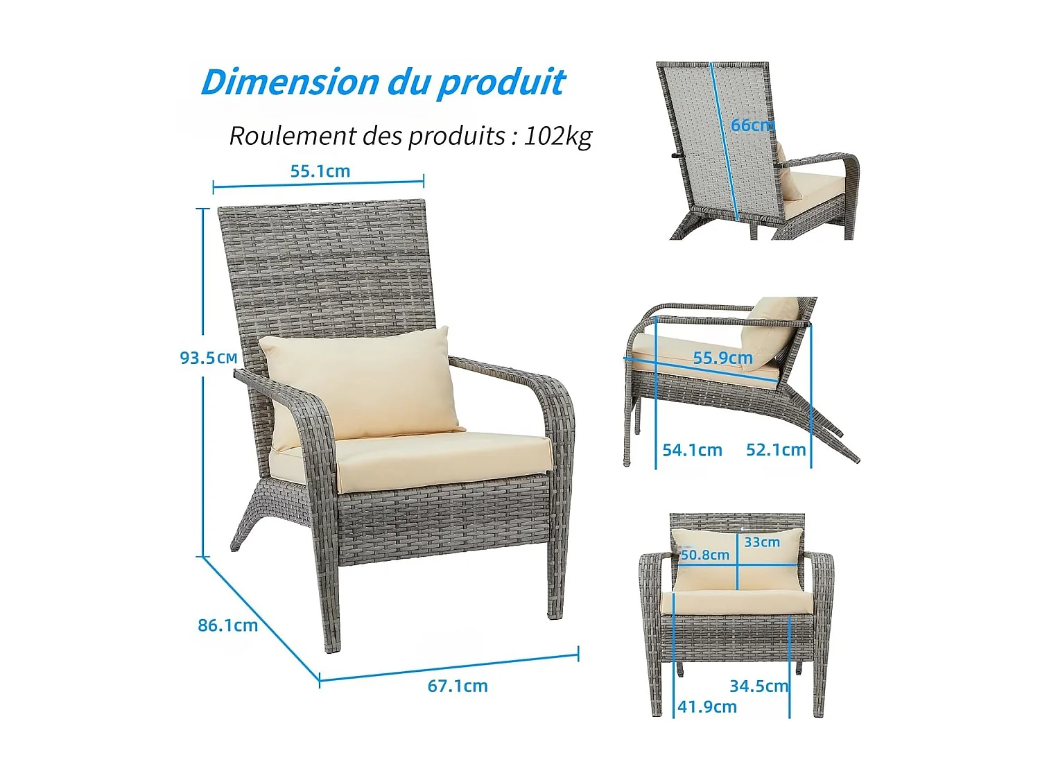 Lot de 2 Fauteuils d'Extérieur en Résine Tressée - Chaises de Jardin Style Adirondack avec Coussinets - Gris