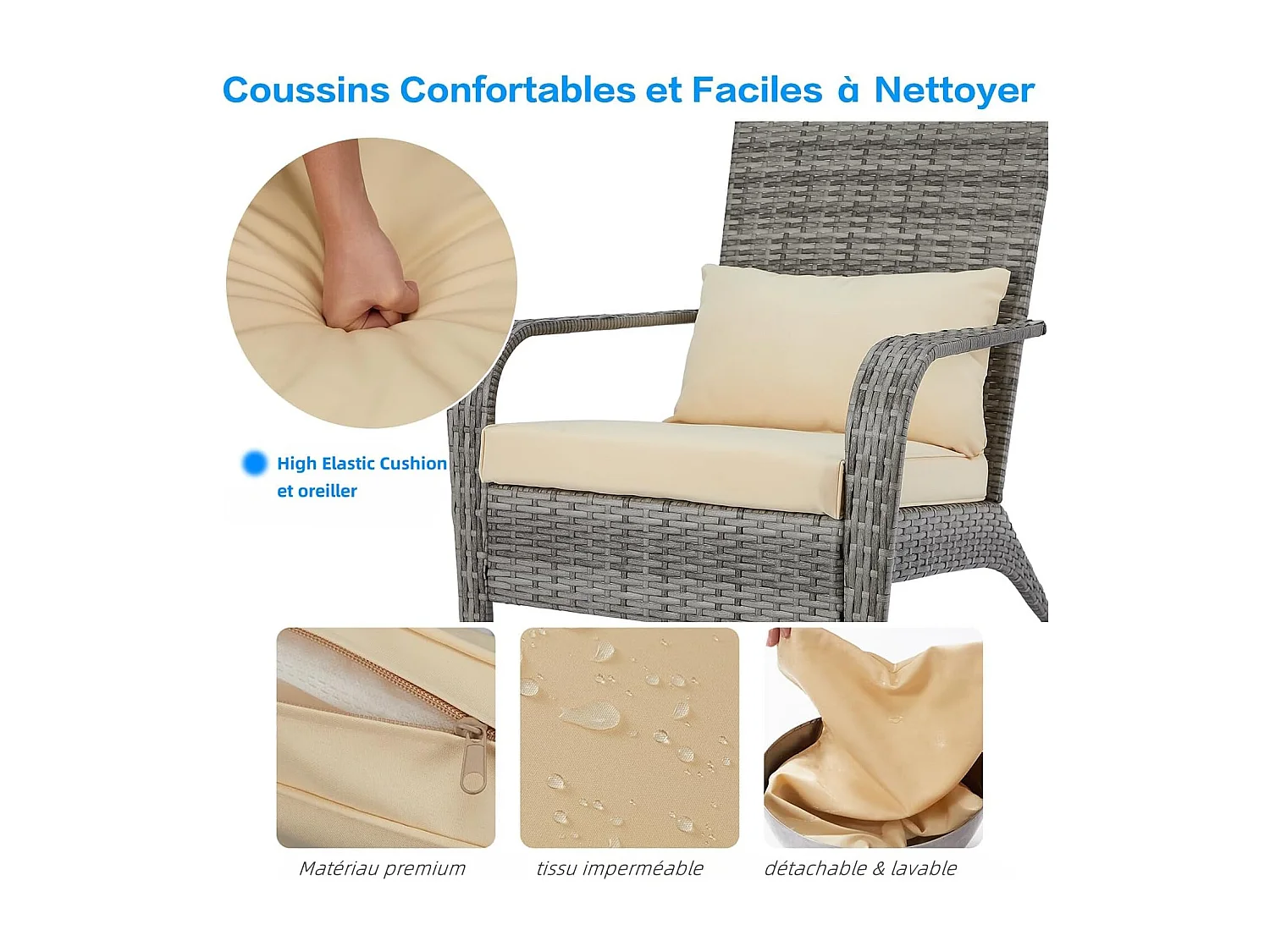 Lot de 2 Fauteuils d'Extérieur en Résine Tressée - Chaises de Jardin Style Adirondack avec Coussinets - Gris