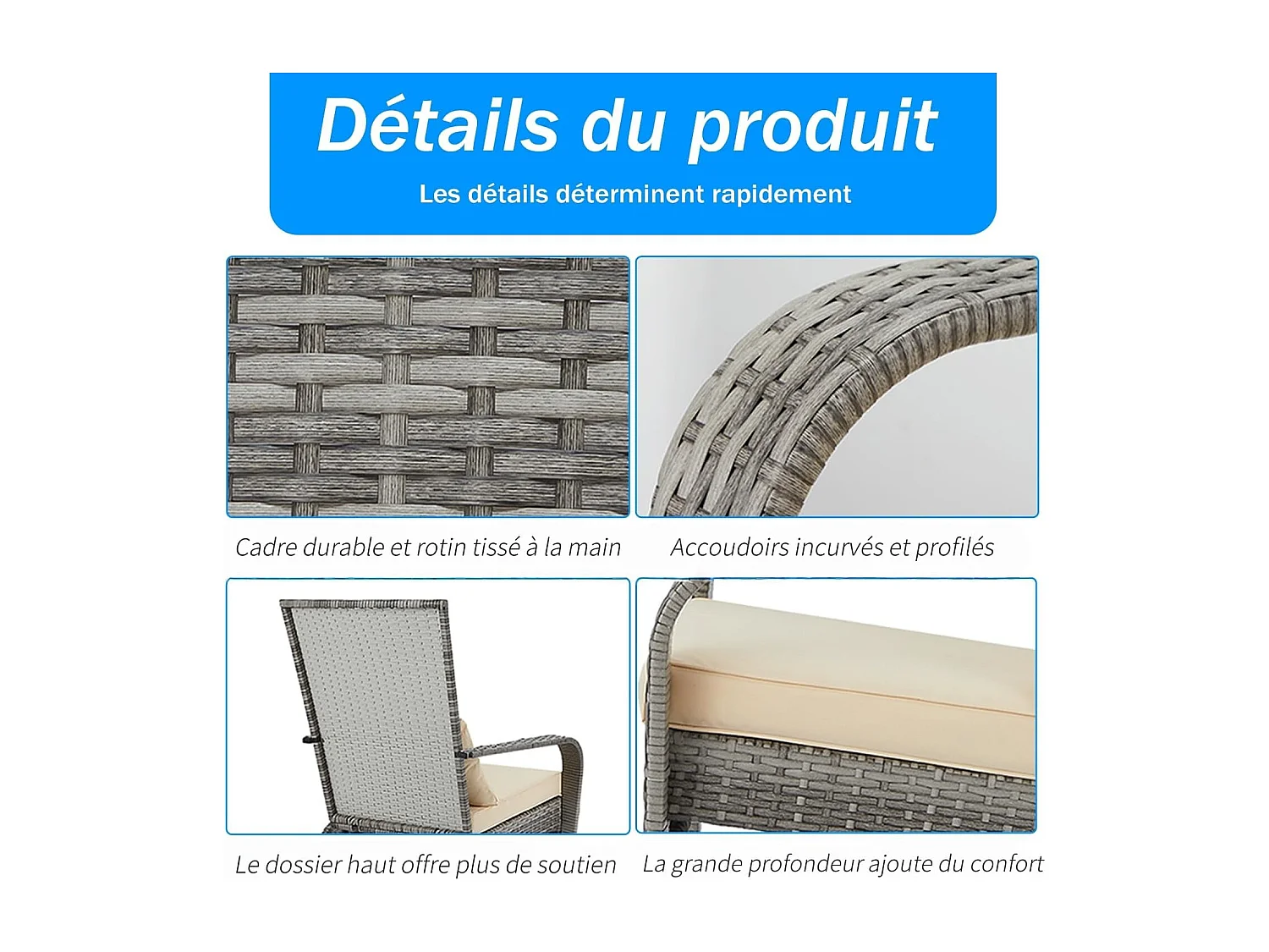 Lot de 2 Fauteuils d'Extérieur en Résine Tressée - Chaises de Jardin Style Adirondack avec Coussinets - Gris