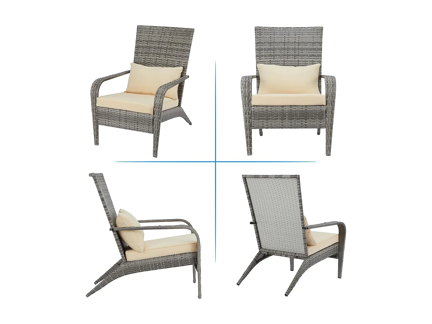 Lot de 2 Fauteuils d'Extérieur en Résine Tressée - Chaises de Jardin Style Adirondack avec Coussinets - Gris