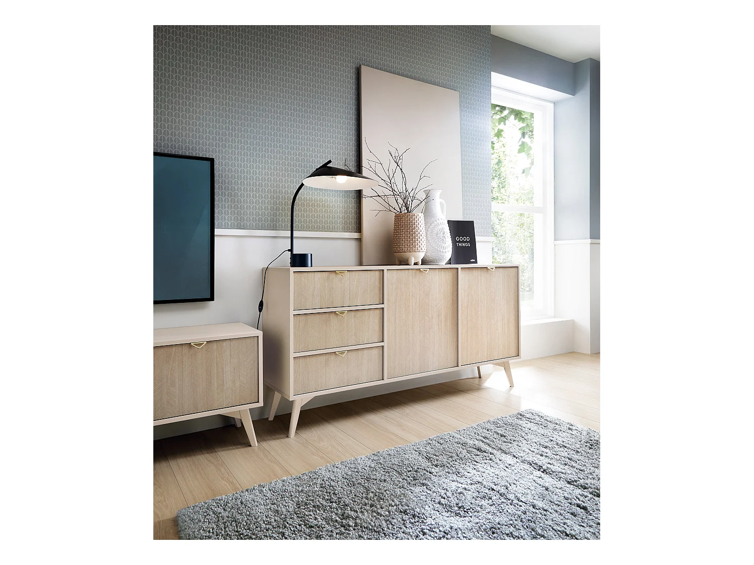 Buffet en bois stratifié 2 portes et 3 tiroirs, 158x80 cm