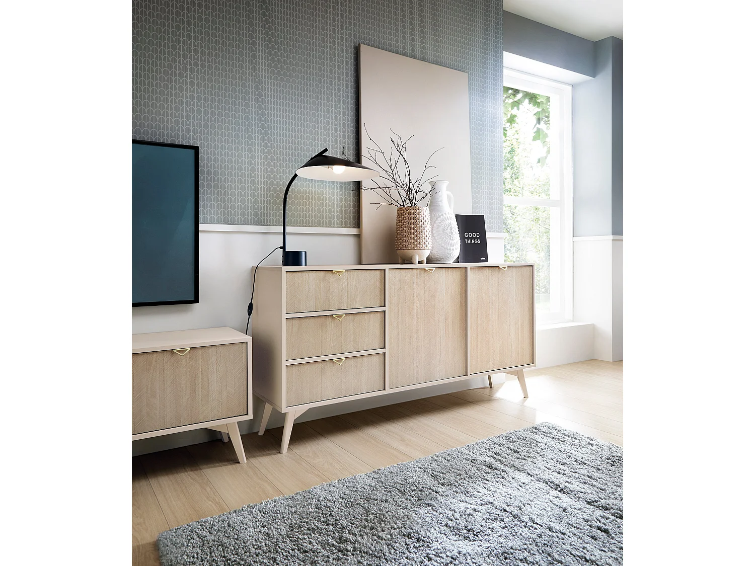 Madia 2 ante e 3 cassetti in legno laminato 158x80 cm