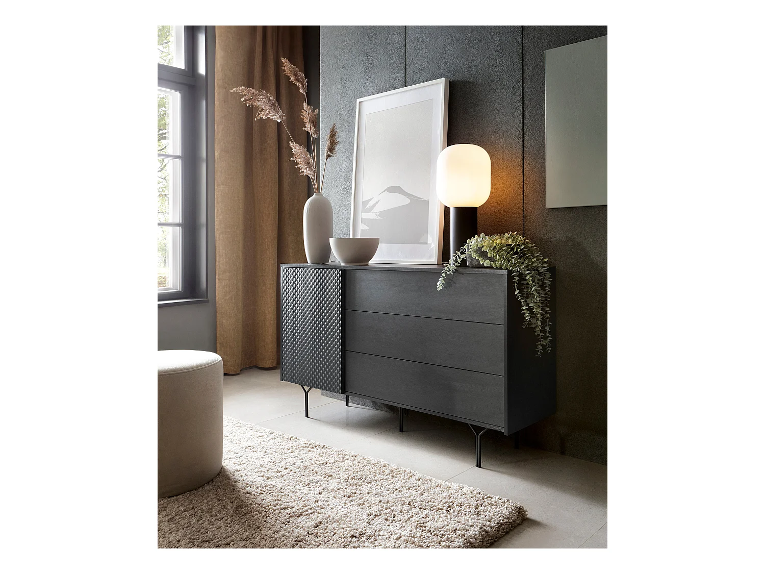 Buffetkast in hout lamellen 1 deur, 3 laden, 180x51 cm