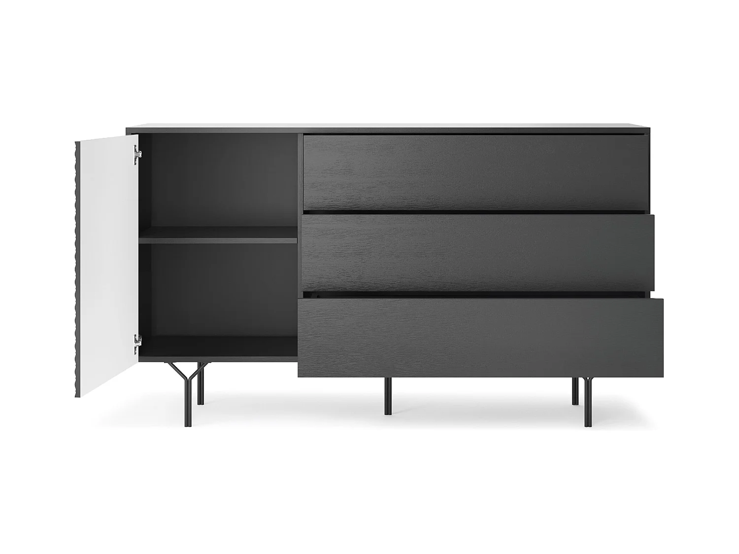 Buffetkast in hout lamellen 1 deur, 3 laden, 180x51 cm