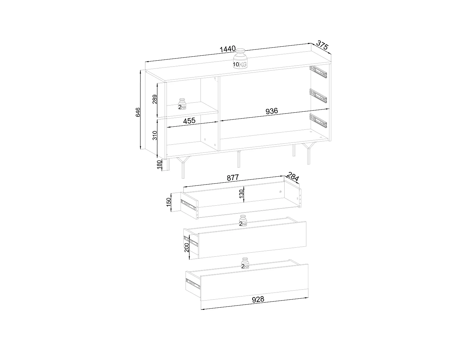 Buffetkast in hout lamellen 1 deur, 3 laden, 180x51 cm