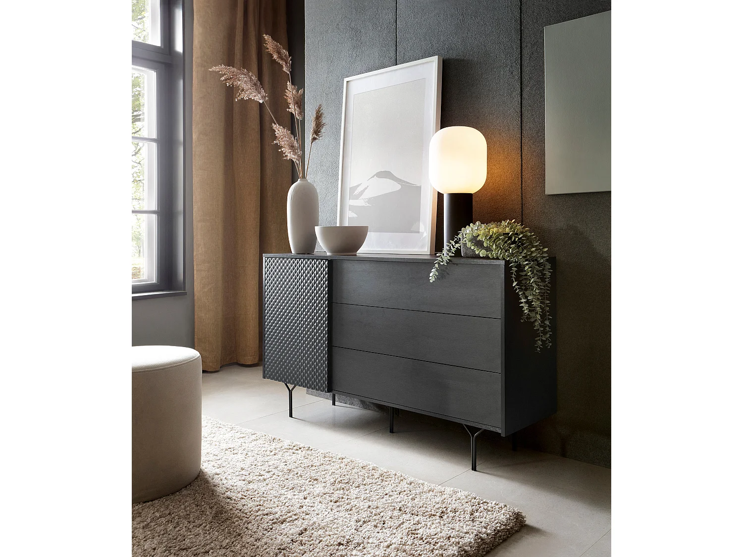 Buffet en bois lamellé 1 porte, 3 tiroirs, 180x51 cm