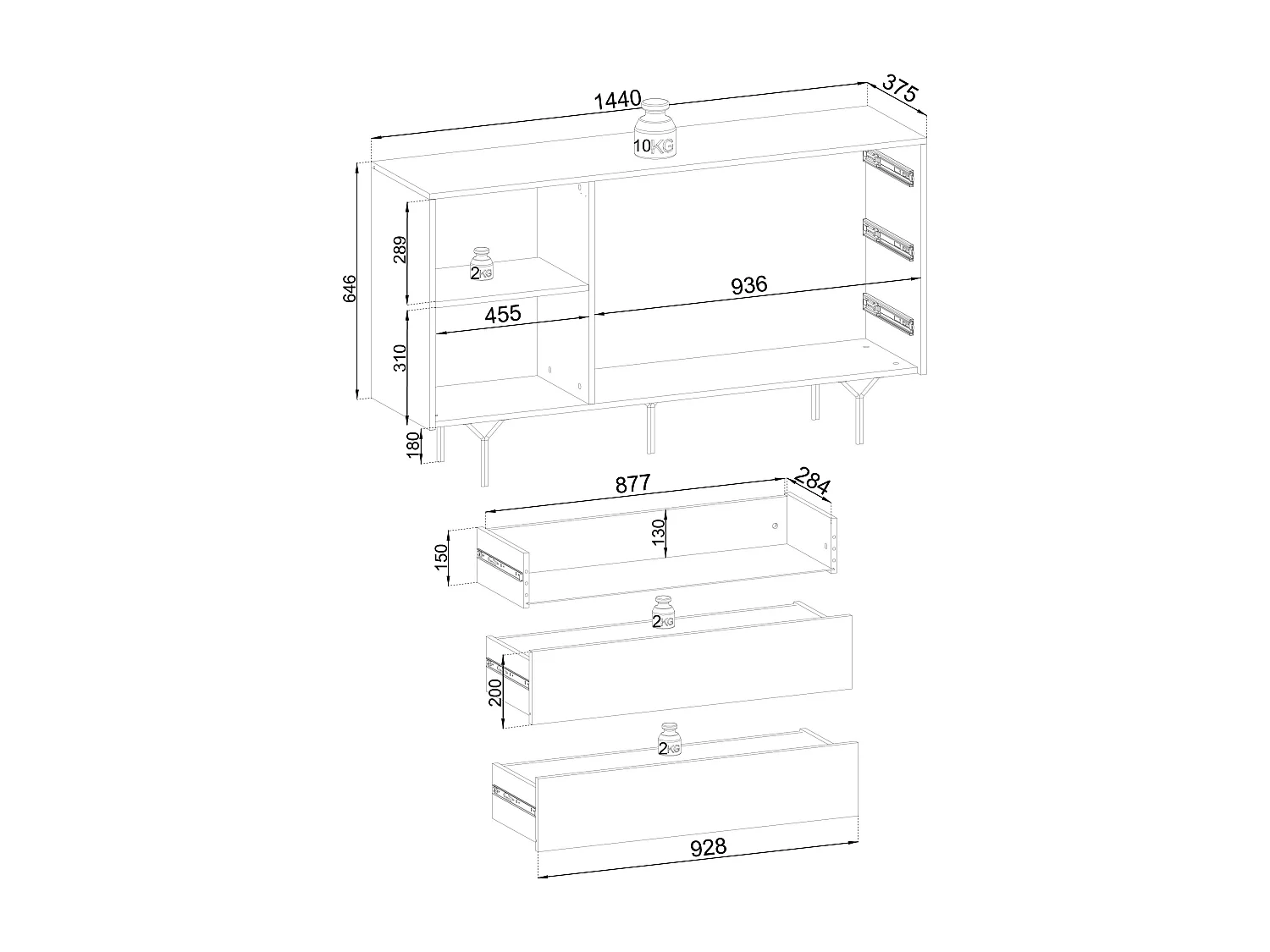 Buffet en bois lamellé 1 porte, 3 tiroirs, 180x51 cm
