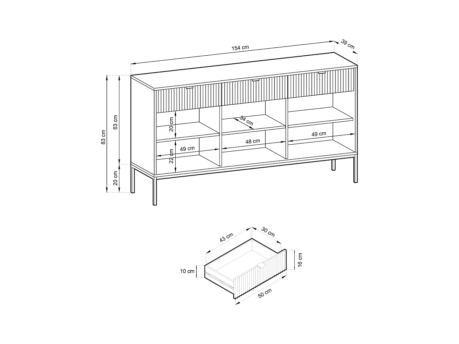 Madia 3 ante 3 cassetti con piedi in metallo oro 154x83 cm