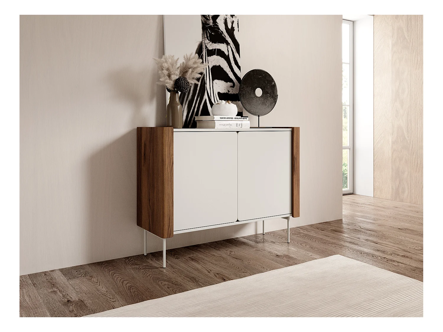 Buffet 2 portes en bois stratifié noyer et cachemire 105x82 cm