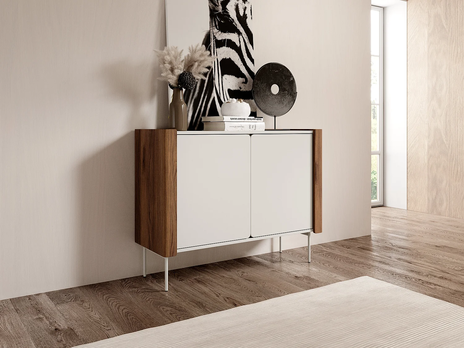 2-türiges Sideboard aus Walnuss- und Kaschmirlaminatholz 105x82 cm
