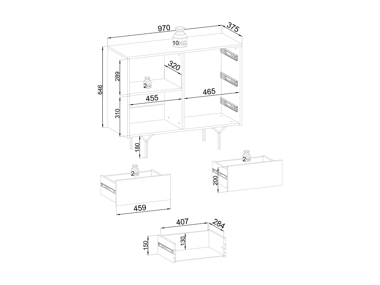 Aparador de madera laminada con 3 cajones y 1 puerta, 97x83 cm