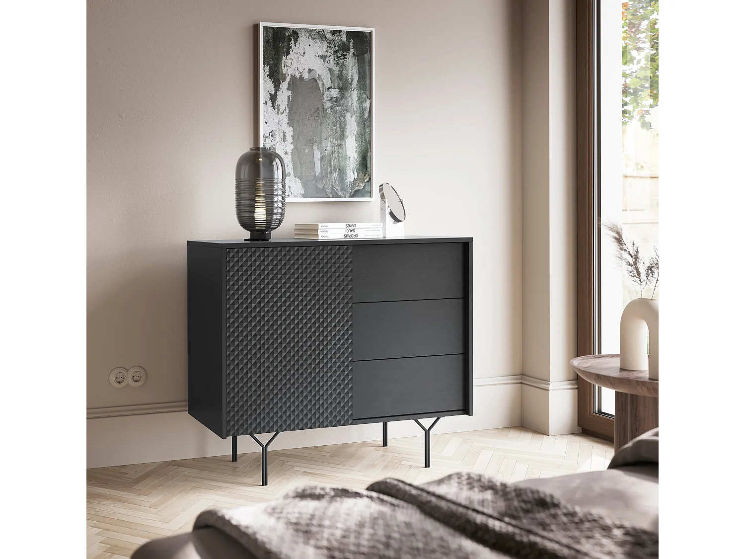 Buffet en bois lamellé-collé 3 tiroirs, 1 porte, 97x83 cm