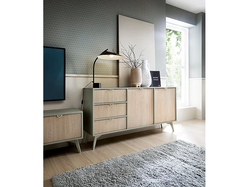 Buffet en bois stratifié 2 portes et 3 tiroirs, 158x80 cm