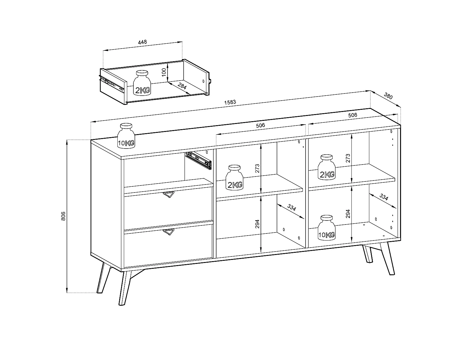 Sideboard aus Schichtholz mit 2 Türen und 3 Schubladen, 158 x 80 cm