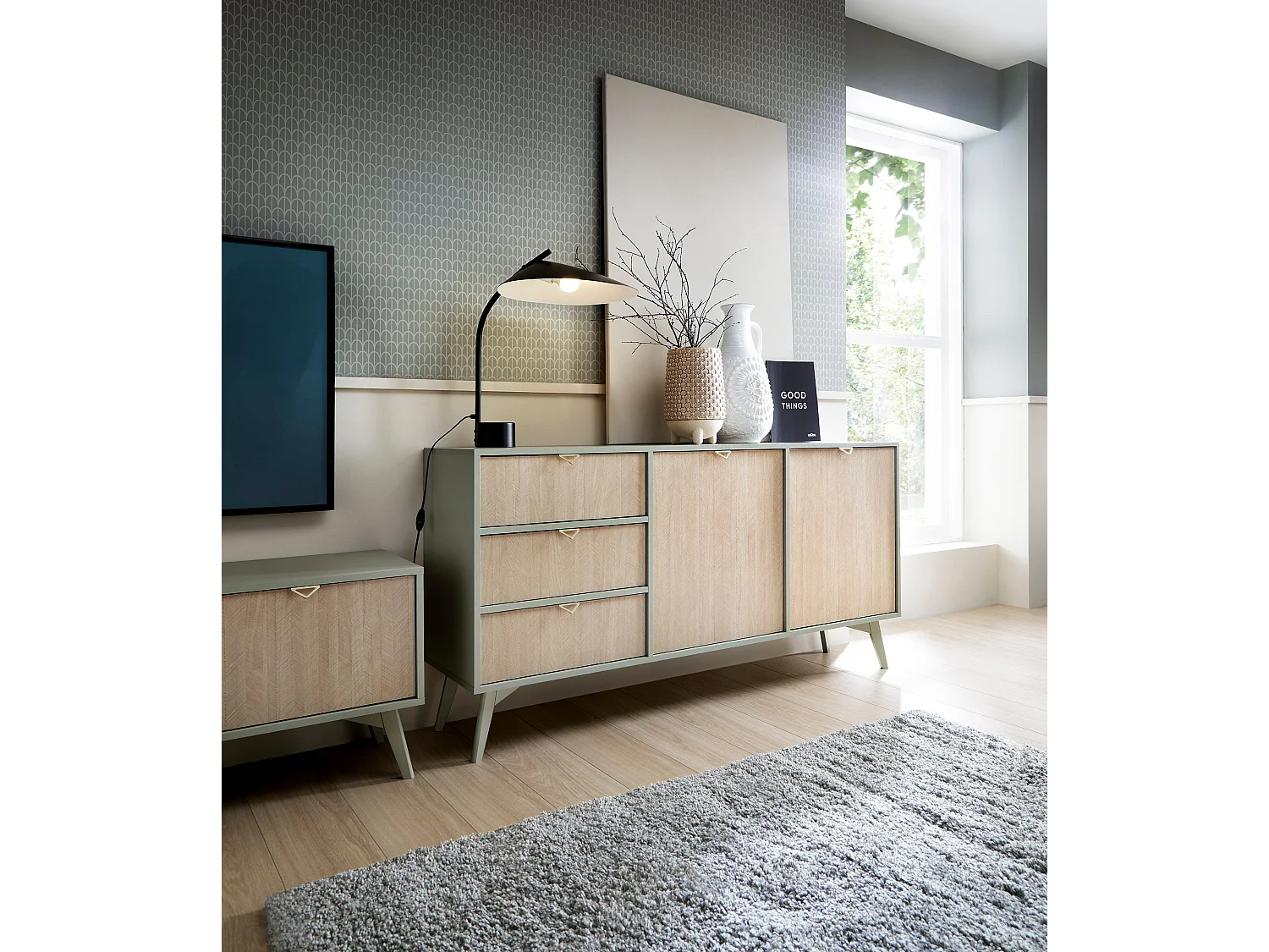 Buffetkast in hout gelaagd 2 deuren en 3 laden, 158x80 cm