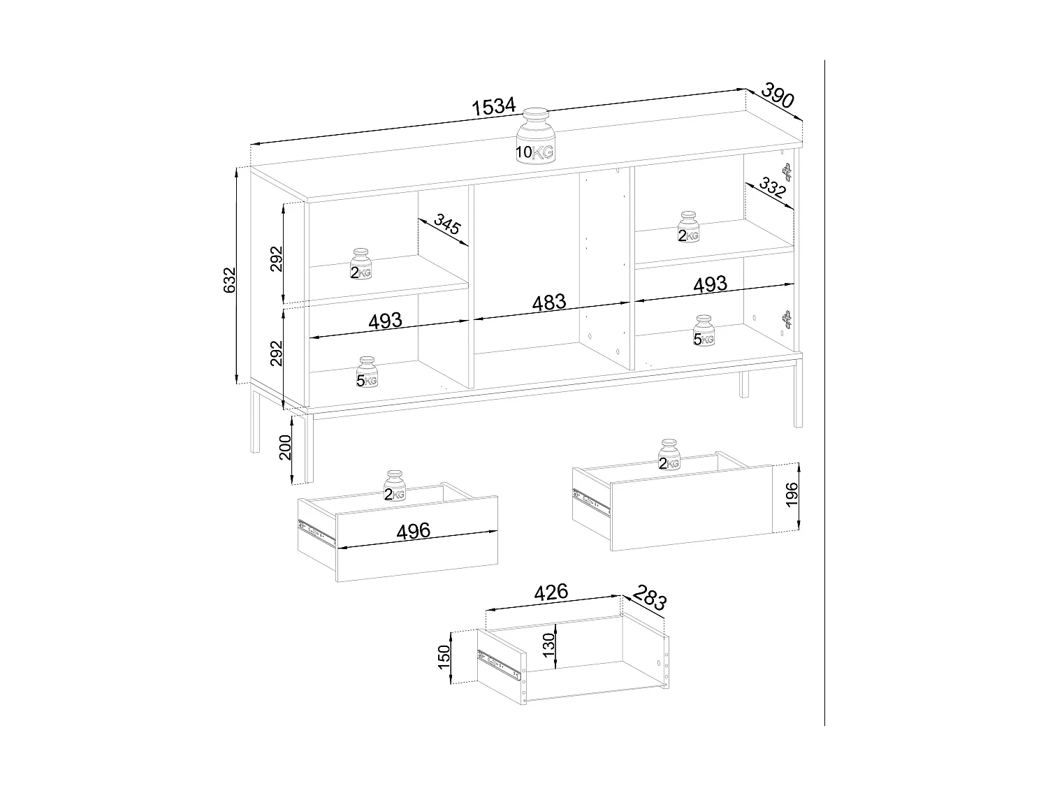 Buffet 2 portes, 3 tiroirs avec LED intégrée, noir et chêne, 154x83 cm