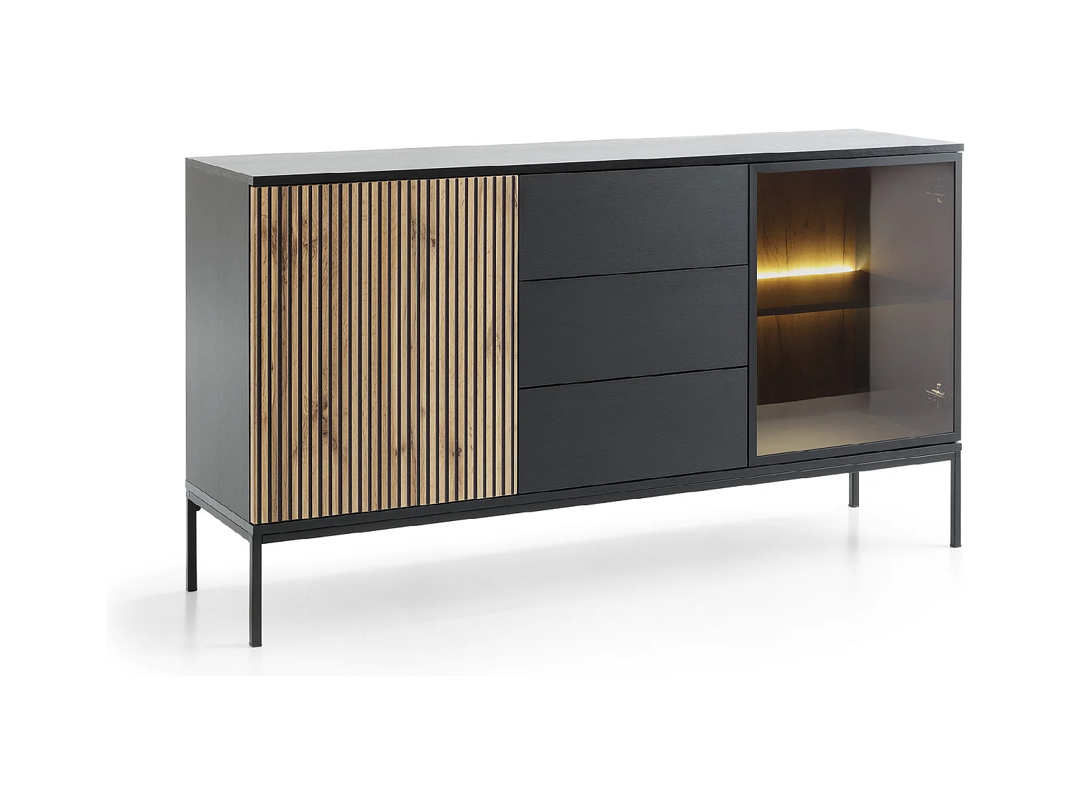 Buffet 2 portes, 3 tiroirs avec LED intégrée, noir et chêne, 154x83 cm