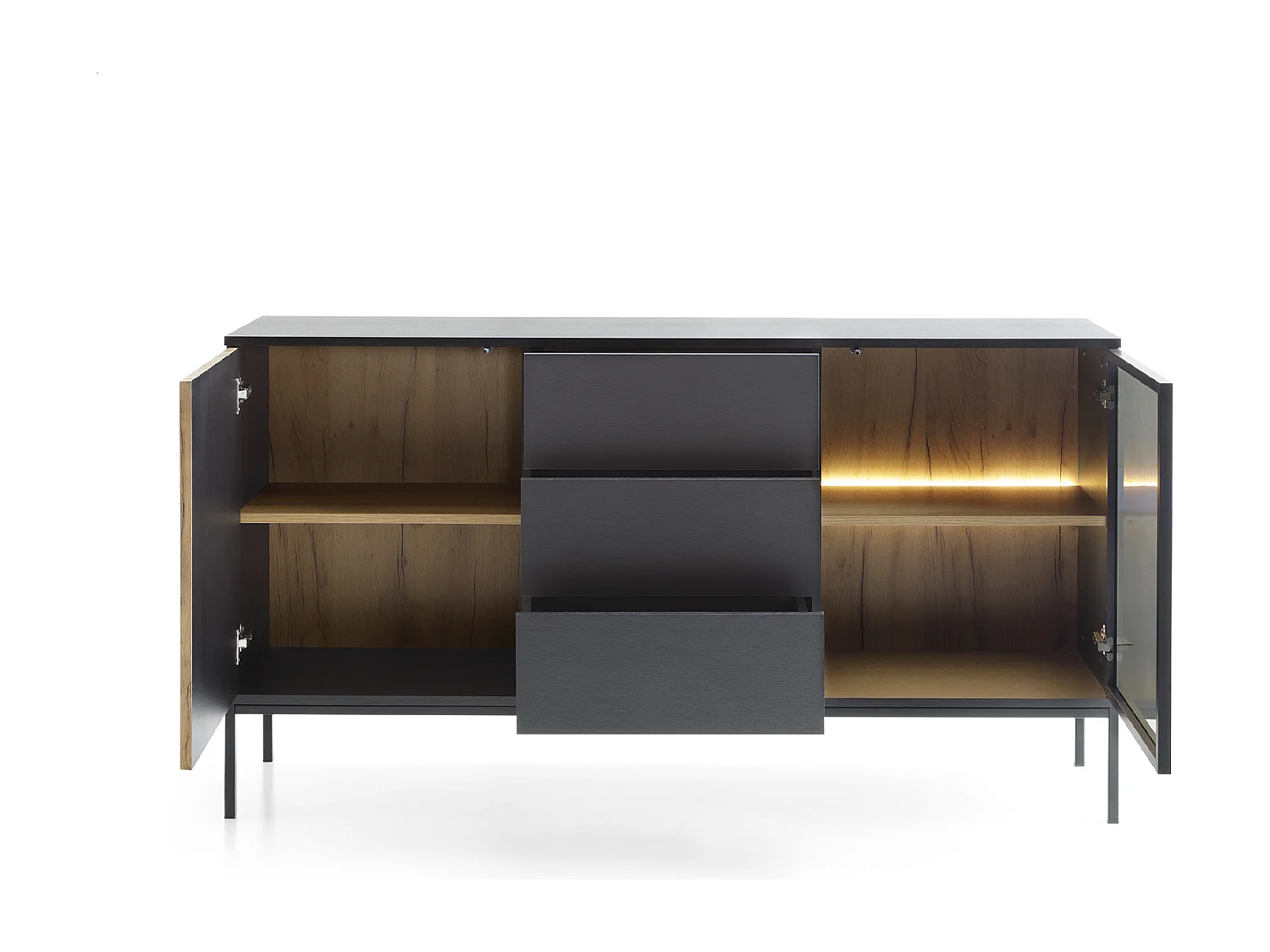 Buffet 2 deuren, 3 laden met geïntegreerde LED, zwart-wit, 154x83 cm
