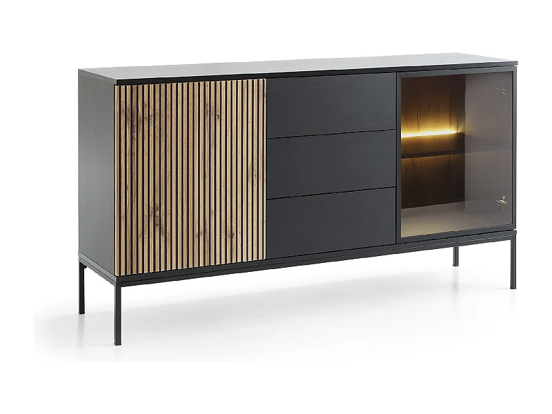 Credenza 2 ante 3 cassetti con LED integrato Nero e Rovere 154x83 cm