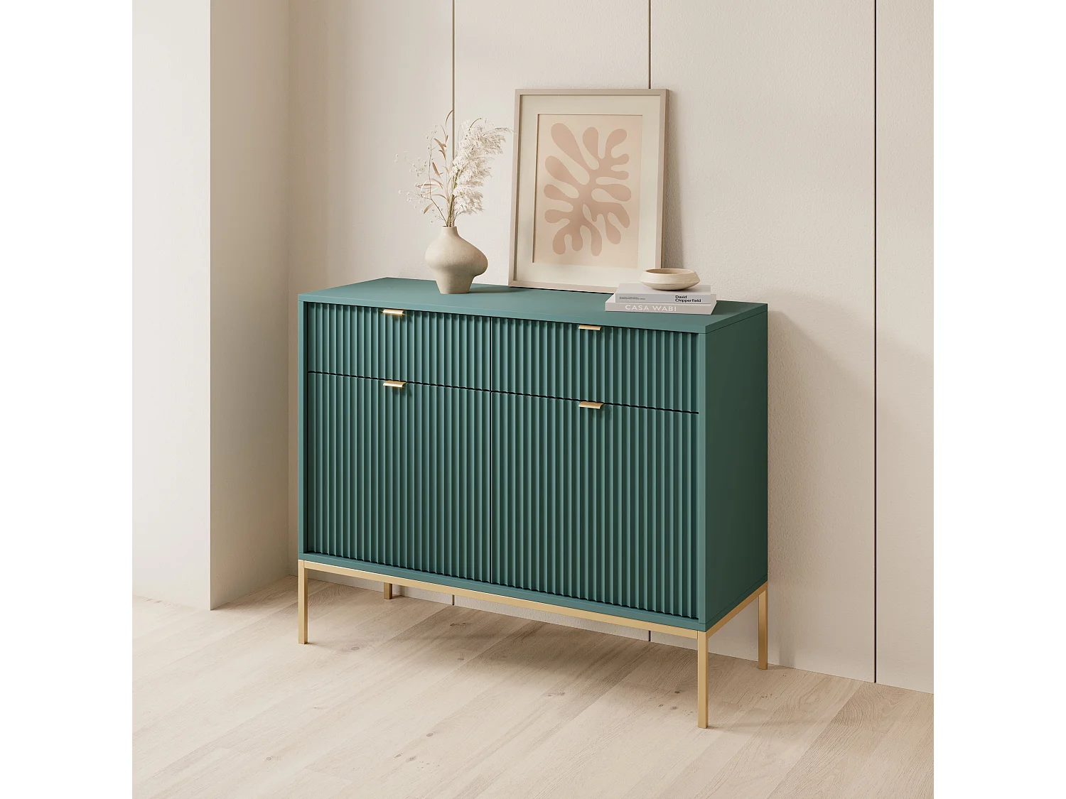 Buffet 2 portes, 2 tiroirs avec pieds en métal doré, 104x83 cm