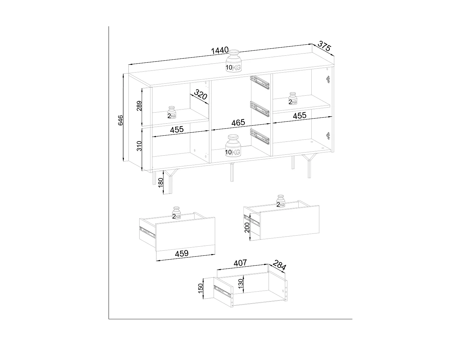 Sideboard mit 2 Türen und 3 Schubladen aus Schichtholz, 144 x 83 cm
