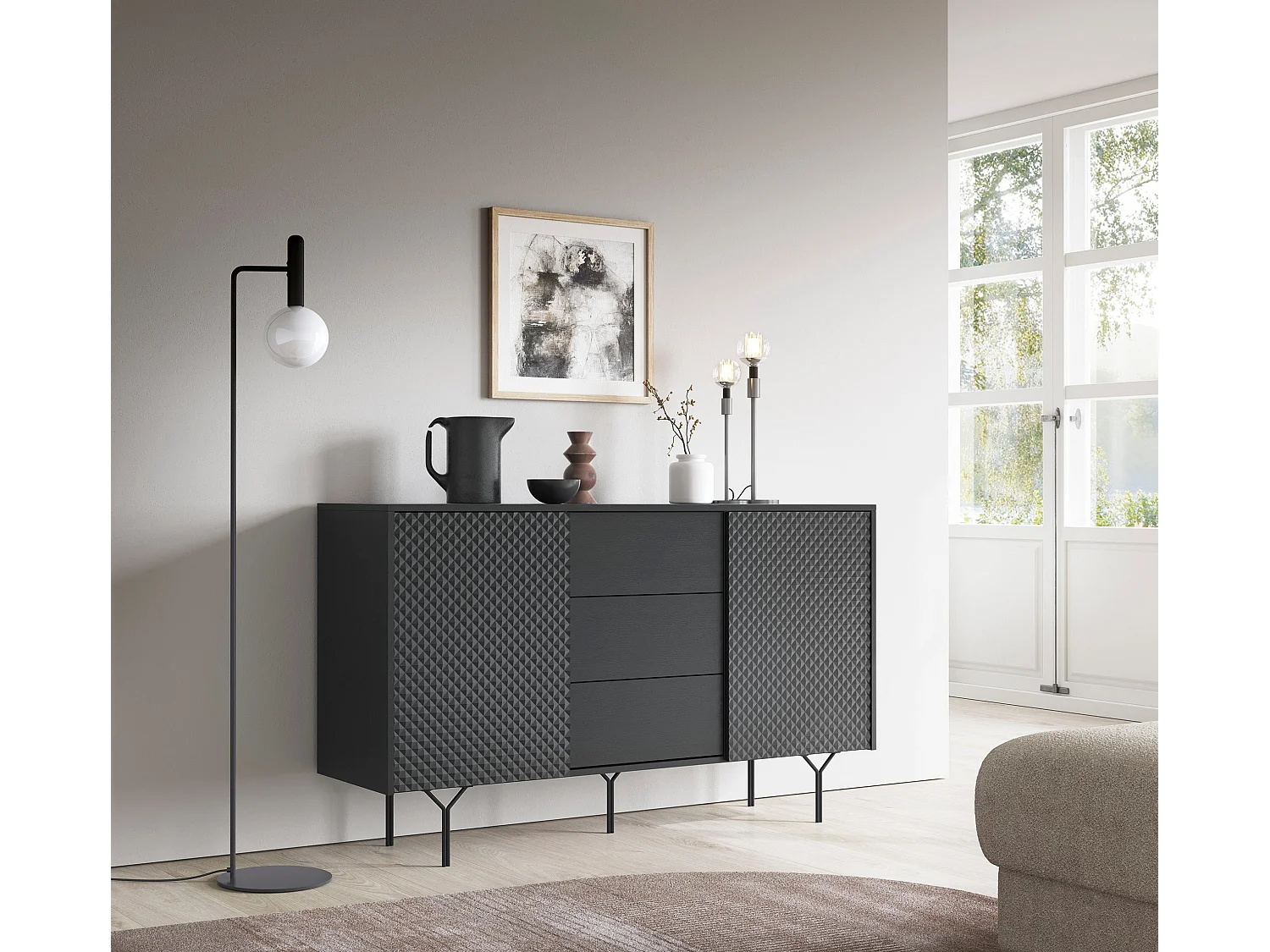 Buffet 2 portes et 3 tiroirs en bois lamellé, 144x83 cm