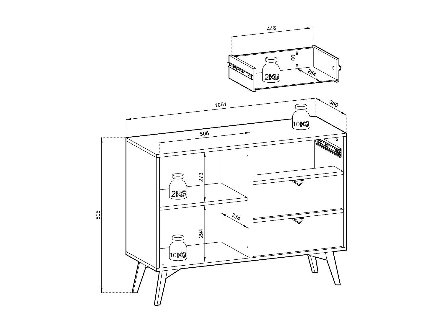 Buffet 1 porte et 3 tiroirs en bois lamellé 106x80 cm