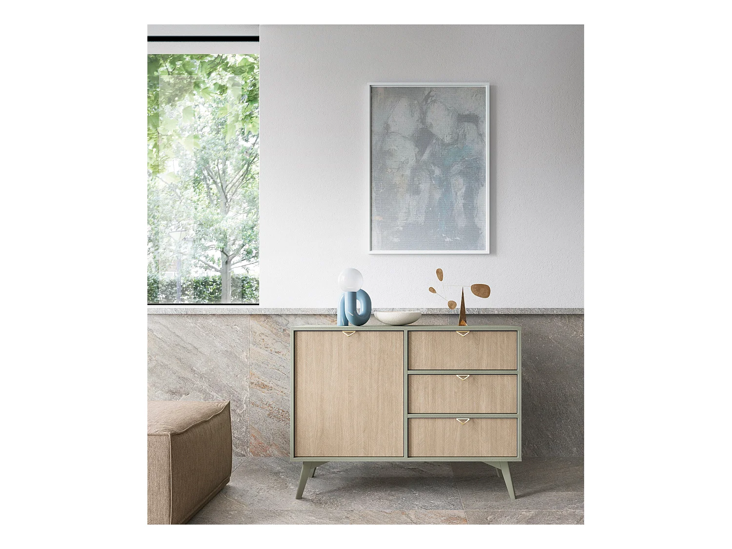 Sideboard mit 1 Tür und 3 Schubladen aus Schichtholz 106x80 cm