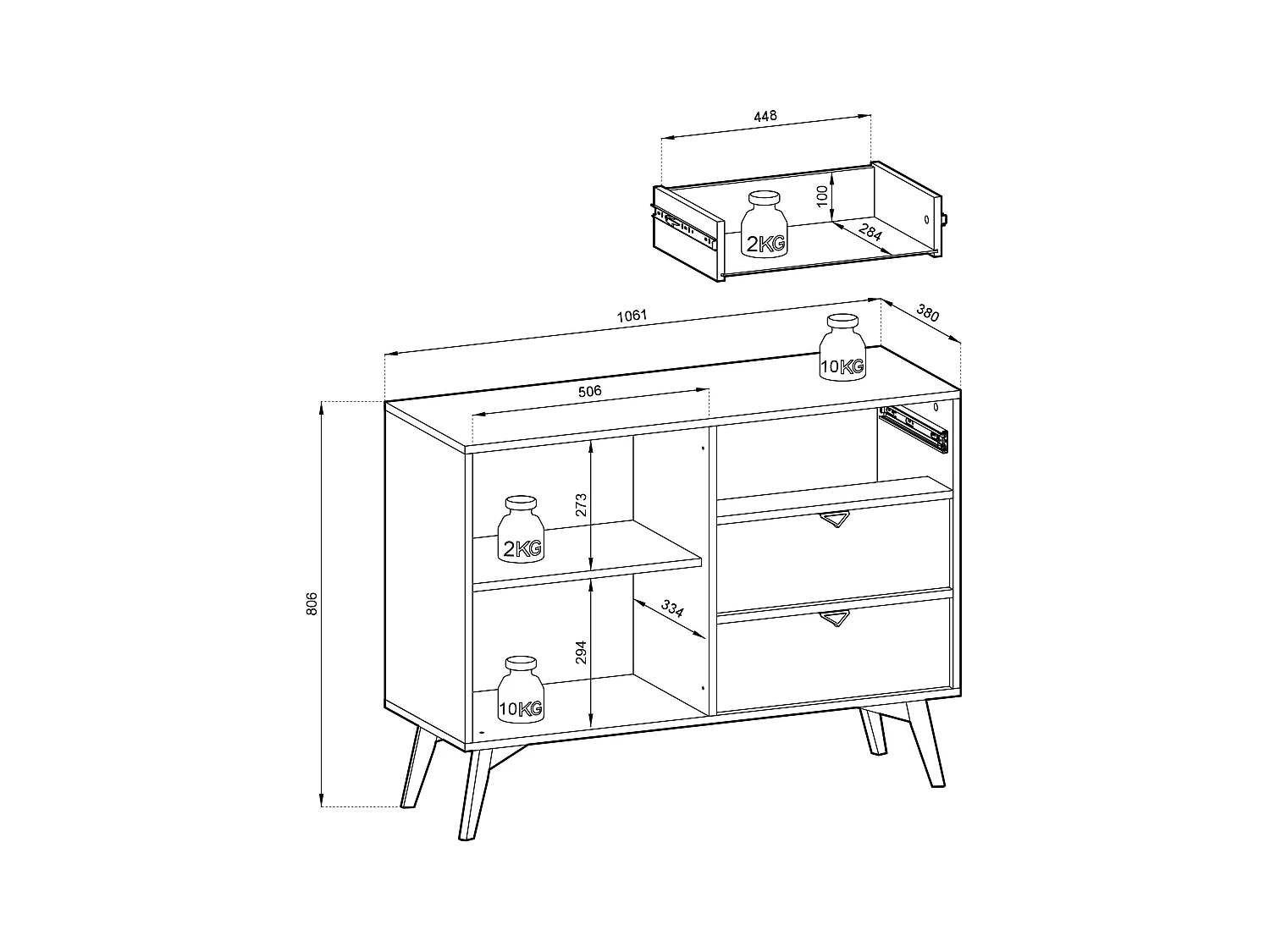 Sideboard mit 1 Tür und 3 Schubladen aus Schichtholz 106x80 cm