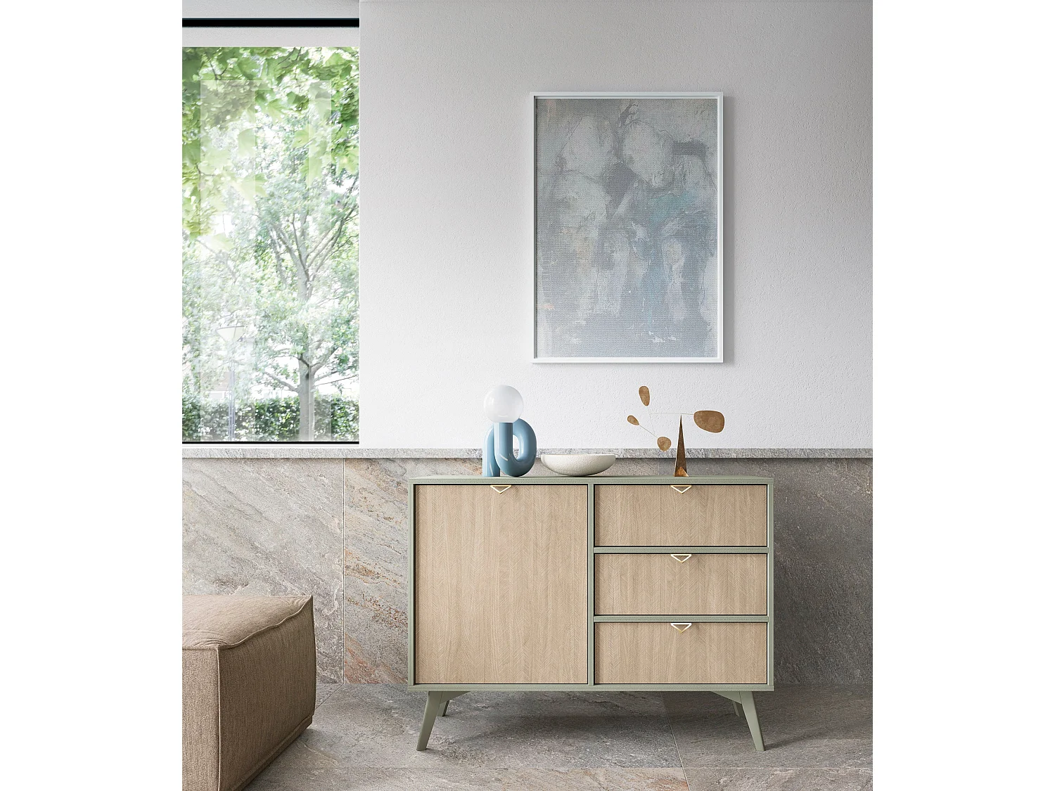 Buffetkast 1 deur en 3 laden in lamellenhout 106x80 cm