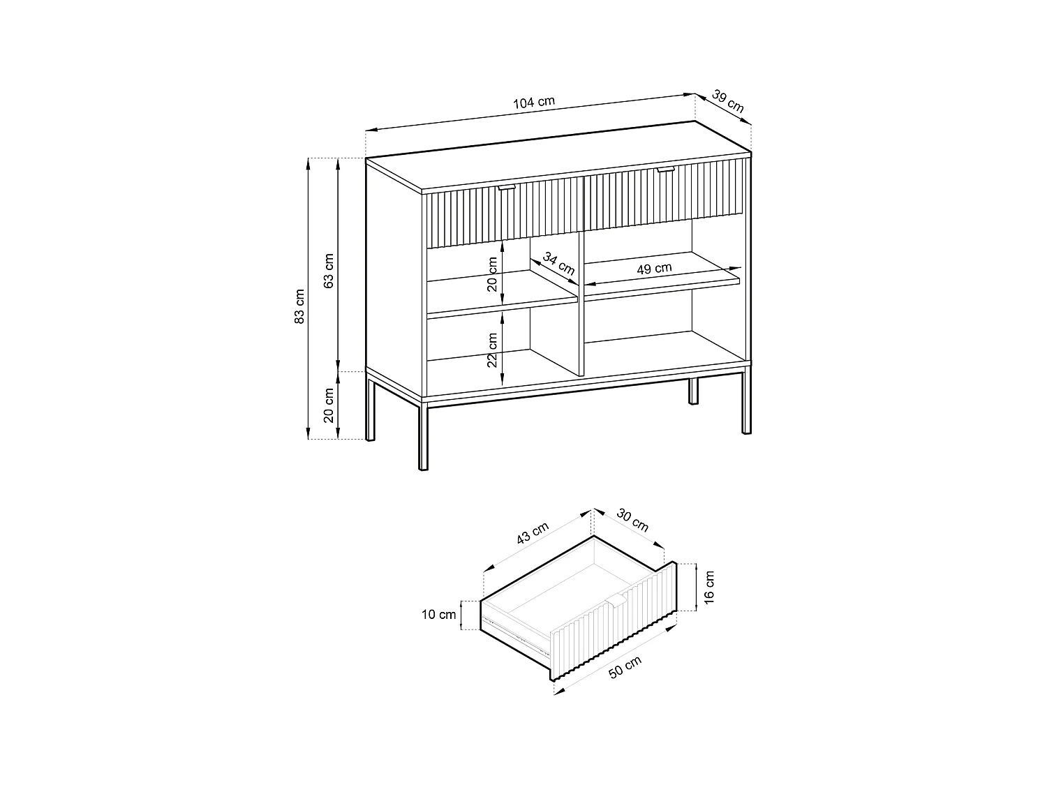 Sideboard mit 2 Türen und 2 Schubladen, mit schwarzen Metallfüßen, 104x83 cm