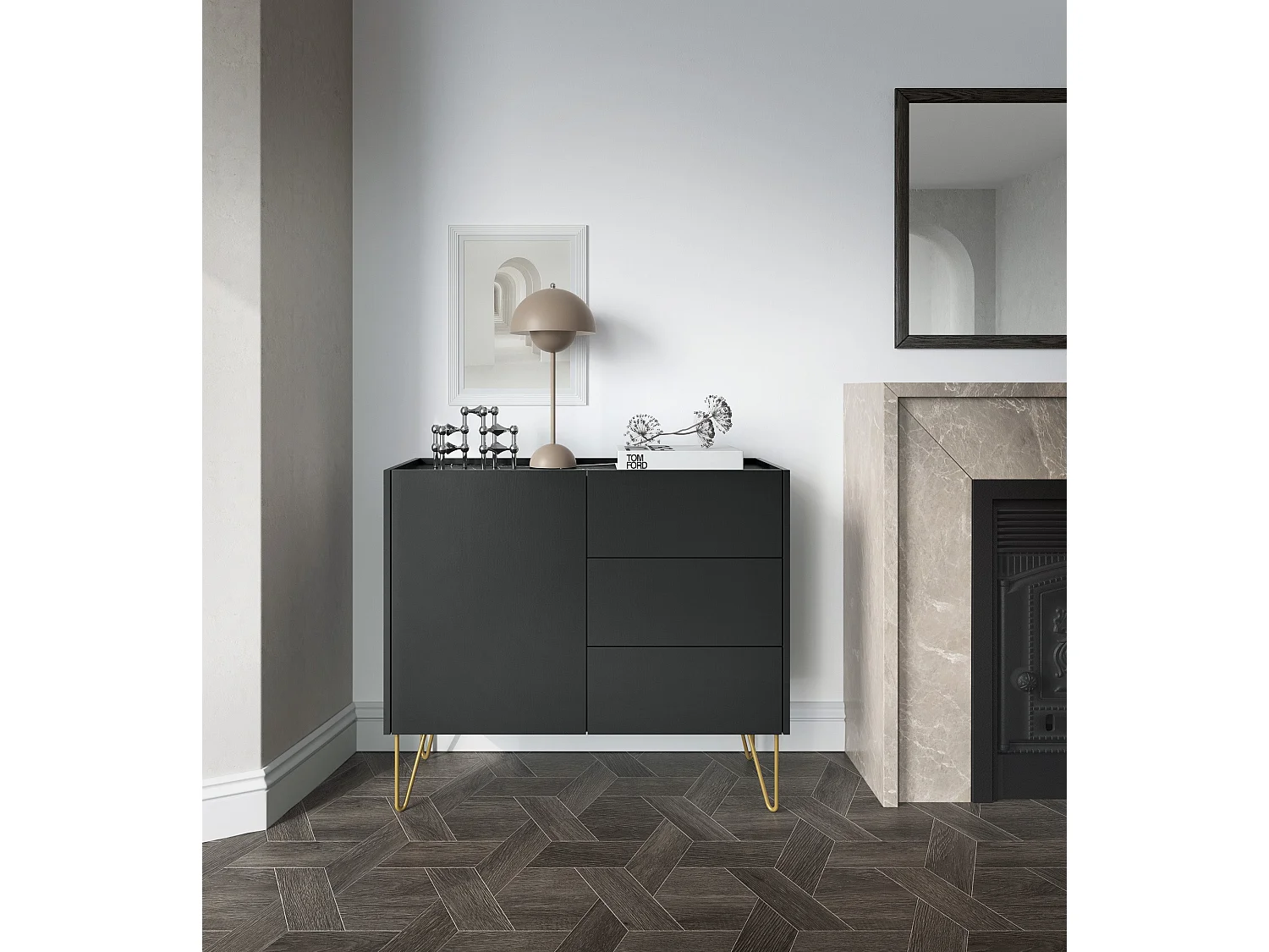 Sideboard mit 1 Tür und 3 Schubladen und Platte in Marmoroptik, 97 x 83 cm