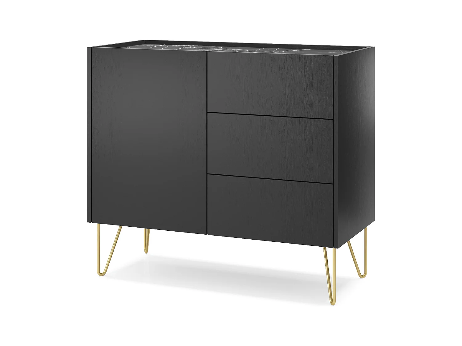 Buffet 1 porte, 3 tiroirs avec plateau effet marbre, 97x83 cm