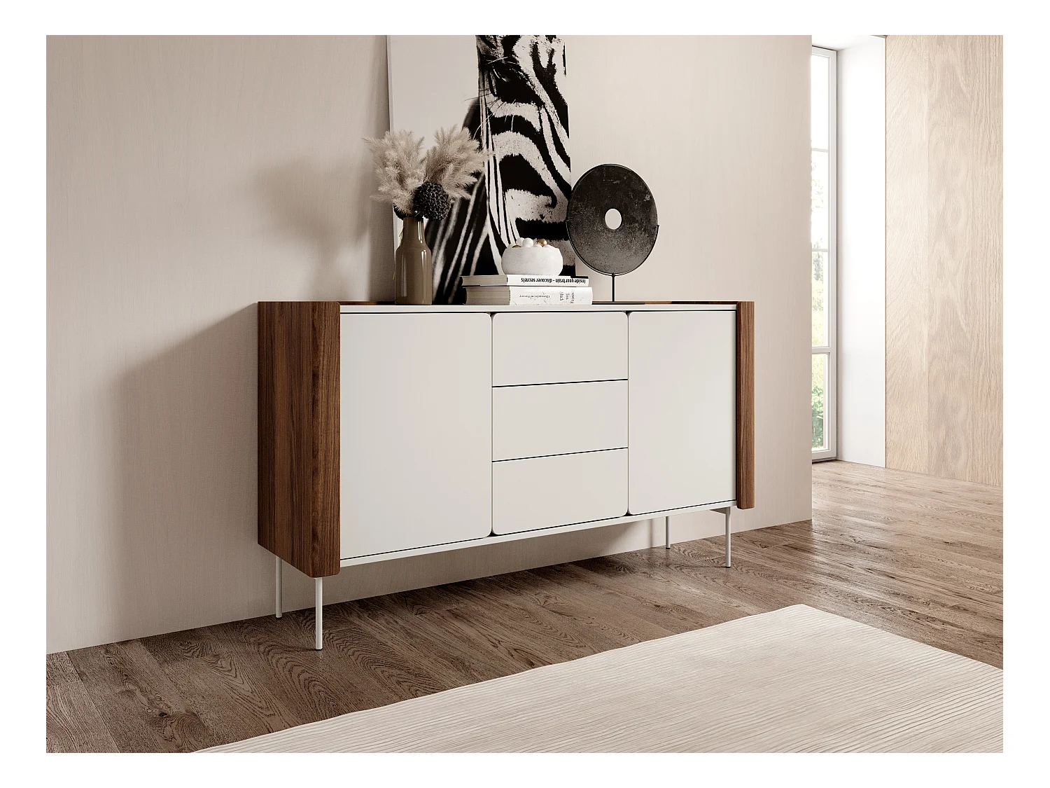 Sideboard mit 2 Türen und 3 Schubladen aus Walnuss- und Kaschmir-Laminatholz, 141 x 82 cm