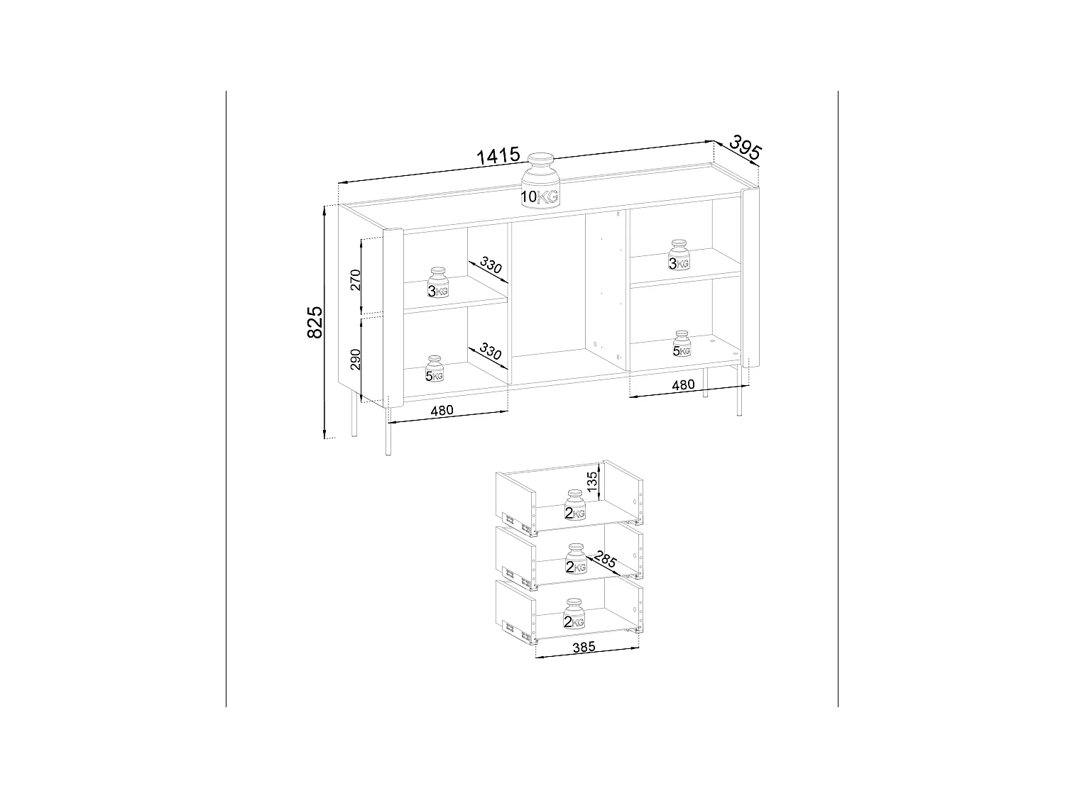 Sideboard mit 2 Türen und 3 Schubladen aus Walnuss- und Kaschmir-Laminatholz, 141 x 82 cm