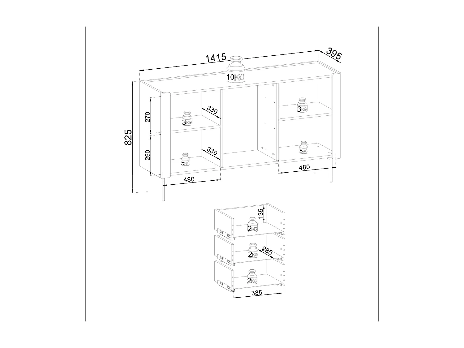 Sideboard mit 2 Türen und 3 Schubladen aus Walnuss- und Kaschmir-Laminatholz, 141 x 82 cm