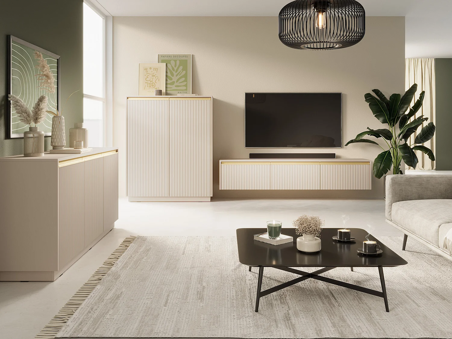 Buffet 3 portes en bois lamellé beige 154x72 cm