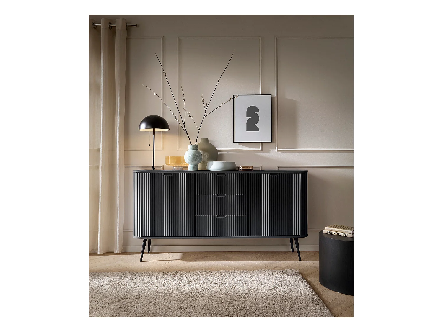 Buffet 2 portes, 3 tiroirs avec pieds en métal noir, 168x87 cm
