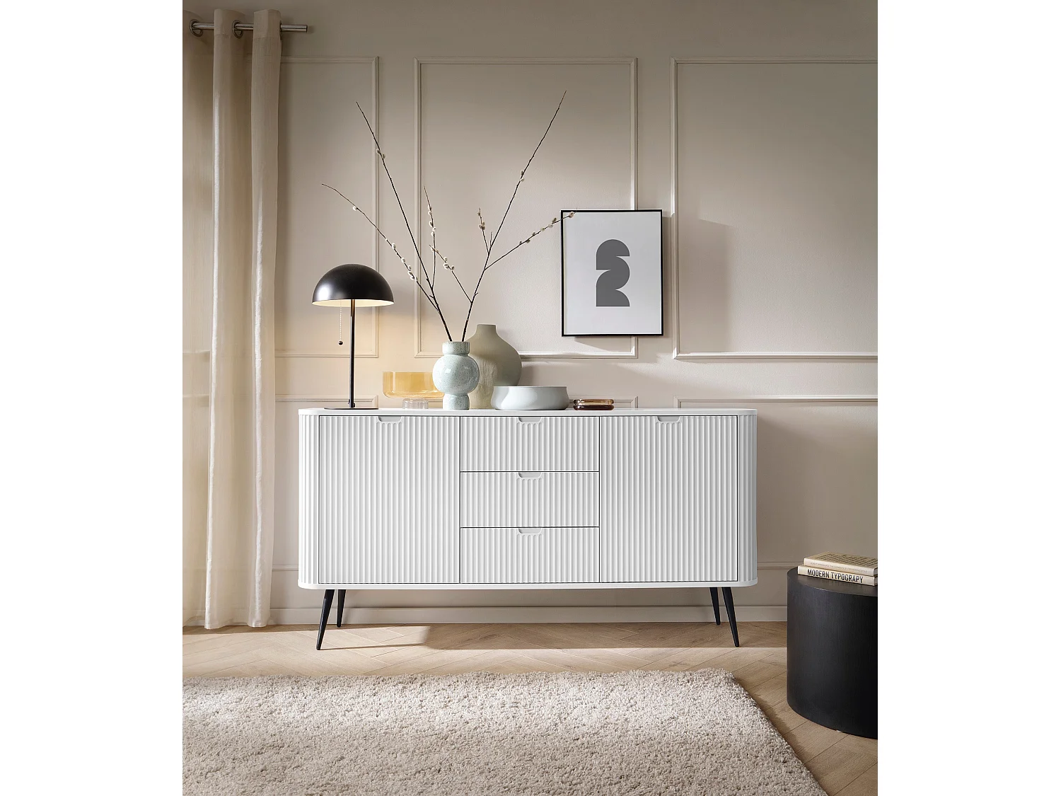 Madia 2 ante 3 cassetti con piedi in metallo nero 168x87 cm