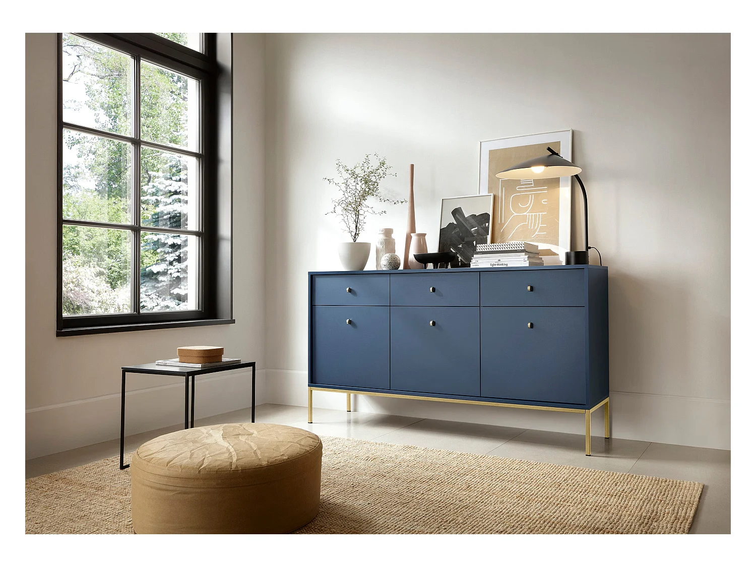 Sideboard mit 3 Türen und 3 Schubladen, mit goldenen Metallfüßen, 154 x 83 cm