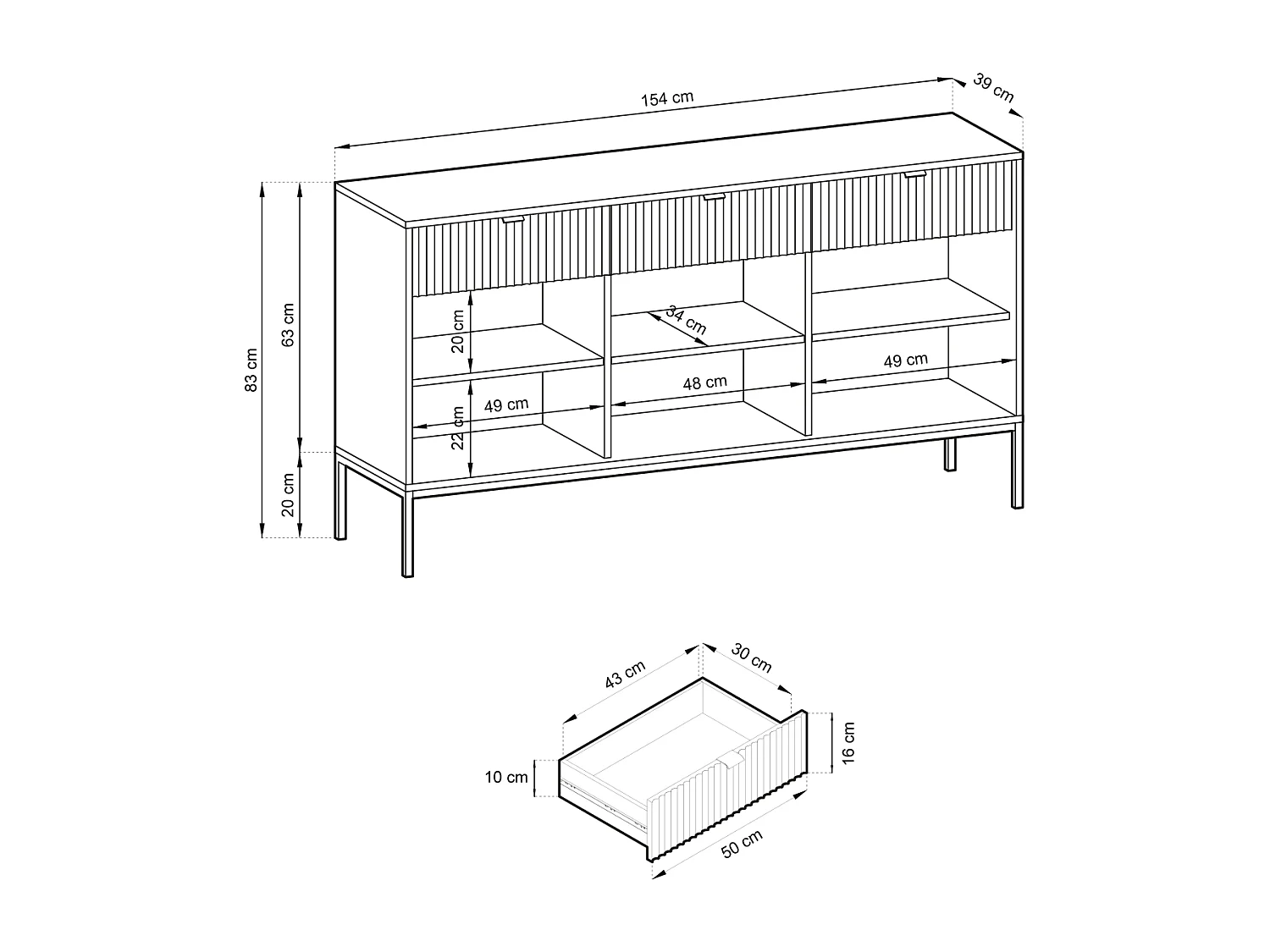 Buffet 3 portes, 3 tiroirs avec pieds en métal noir, 154x83 cm