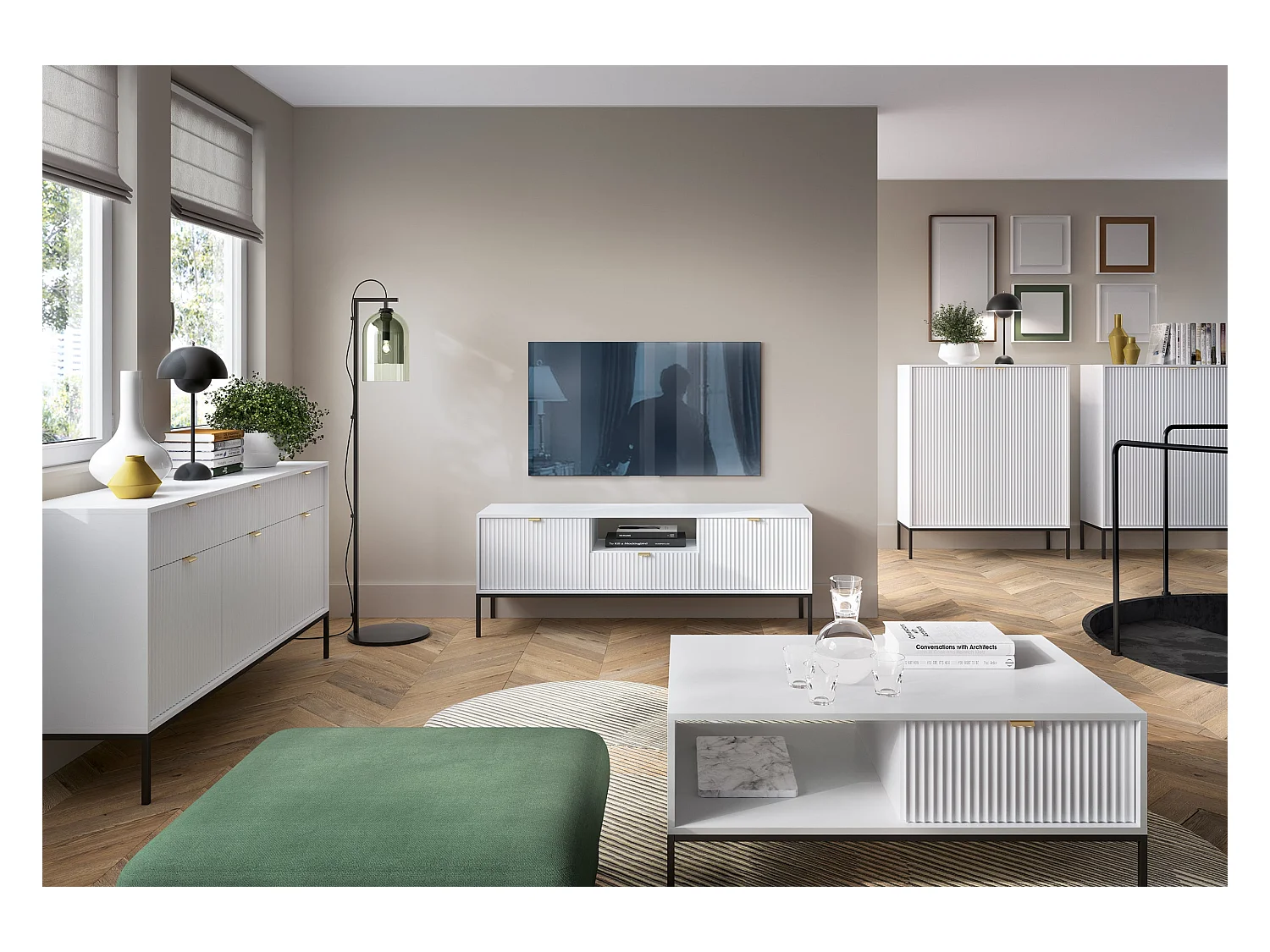 Buffetkast 3 deuren, 3 laden met zwarte metalen bladen, 154x83 cm