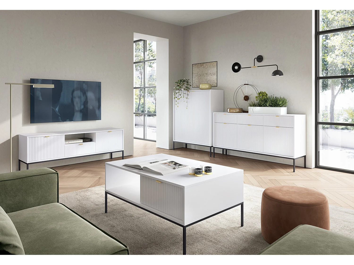 Buffetkast 3 deuren, 3 laden met zwarte metalen bladen, 154x83 cm