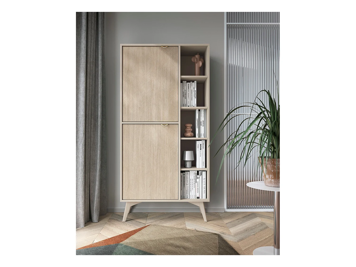 Buffet 2 portes avec 5 étagères ouvertes en bois lamellé, 80x160 cm