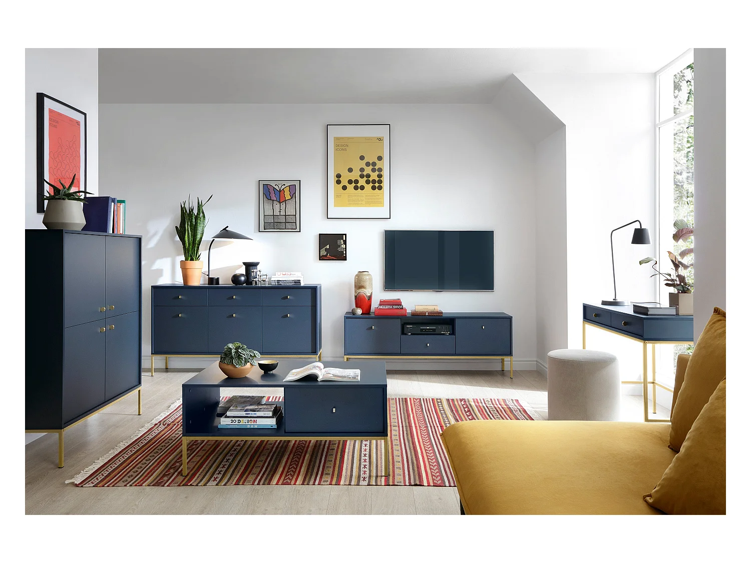 Sideboard mit 2 Türen und 2 Schubladen, mit goldenen Metallfüßen, 104 x 83 cm